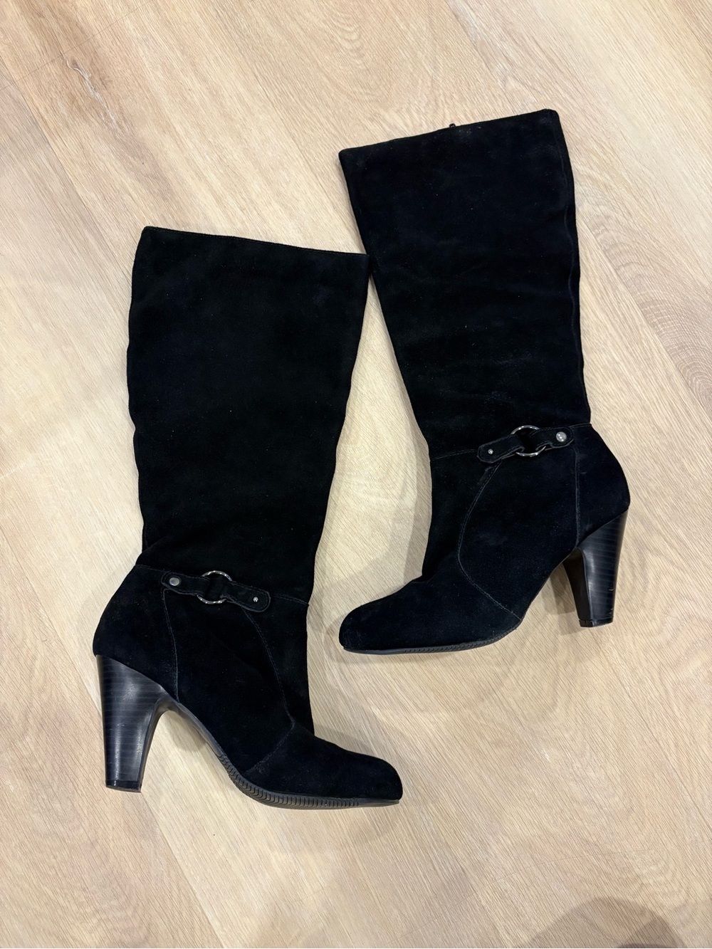 Gino Nico Black Suede Mid-Heel Knee Boots with Buckle - Size 8